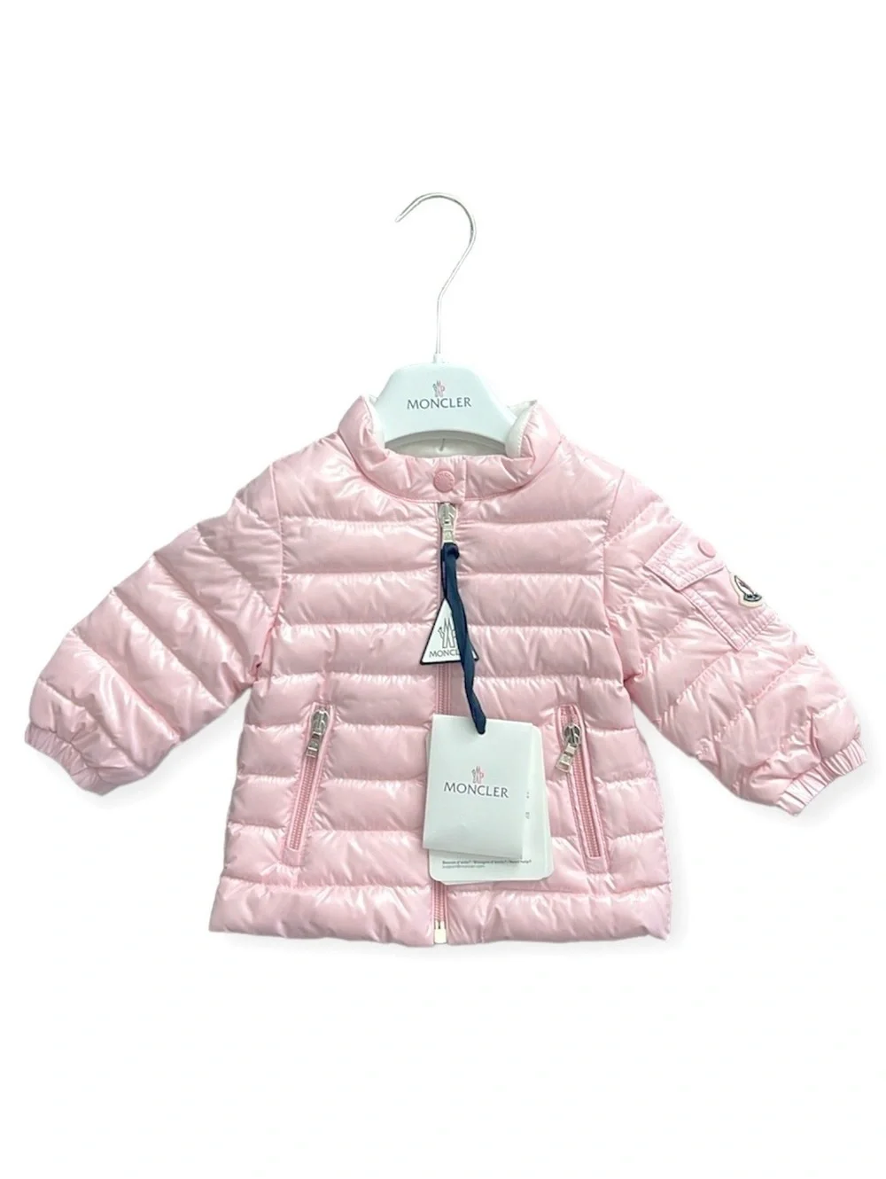 MONCLER Paulas Down Logo-Patch Sleeve Jacket, Pink Girl’s Size 6-9M New w/Tag
